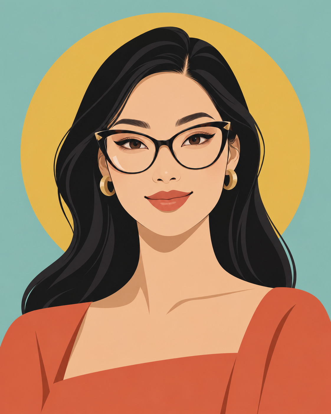 A stylish East Asian woman in cat-eye glasses smiling gently